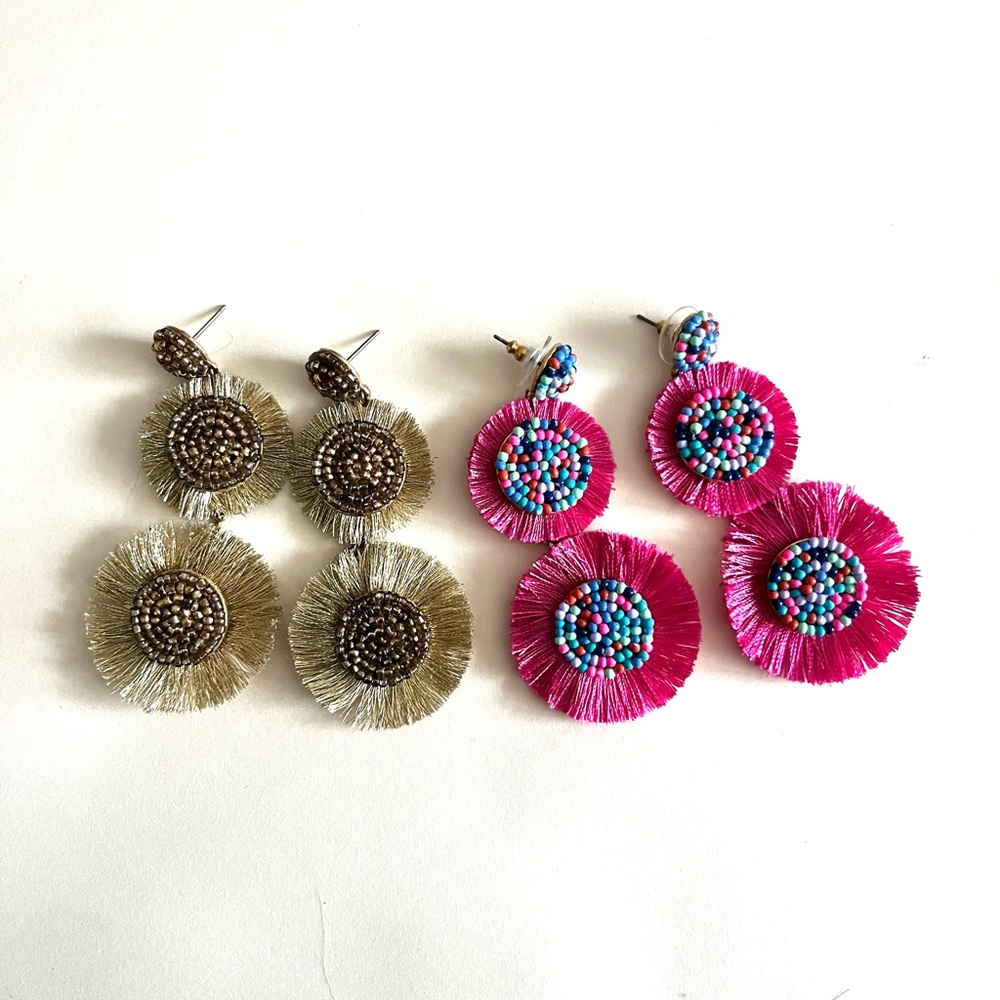 JCrew Three Tier Statement Fringe Beaded Elegant Earrings Set - Pink and Gold